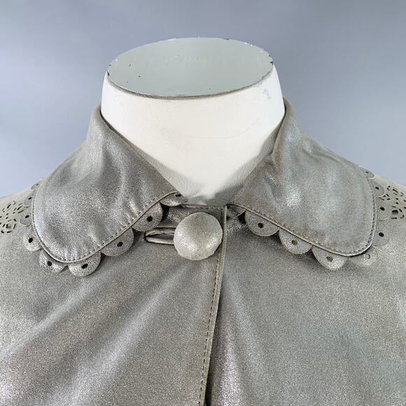 10 Silver Perforated Leather Peter Pan Collar Single Button Jacket Blazer - Picture 3 of 12